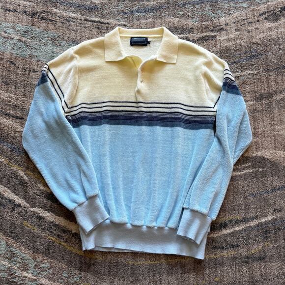 Vintage 80's Career Club Yellow Blue Striped Shaggy Pullover Sweatshirt Sz Large - Picture 1 of 4